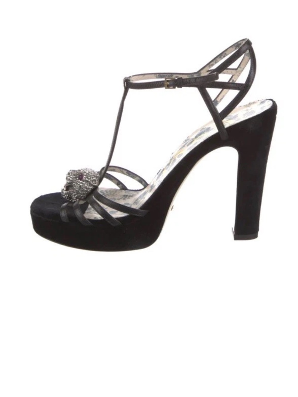 Gucci Black T-Strap Platform Heels with Crystal Skull Accent